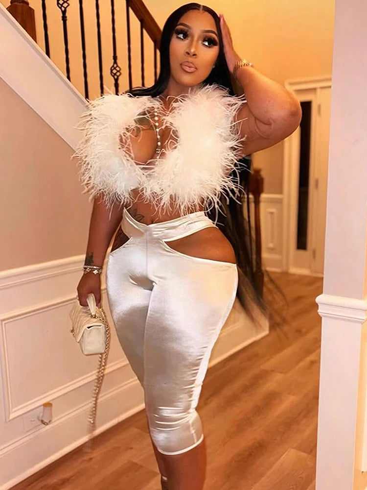 Weird Puss Furry Sexy 2 Piece Set Women Tracksuit Backless Tank Tops+High Waist Hollow Bike Shorts Nightclub Matching Outfits